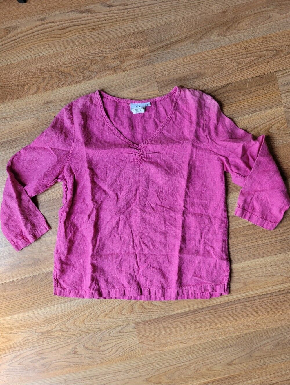 Hot Cotton Pink Coastal Chic Linen V-Neck Dopamine 3/4 Sleeve Top Size S